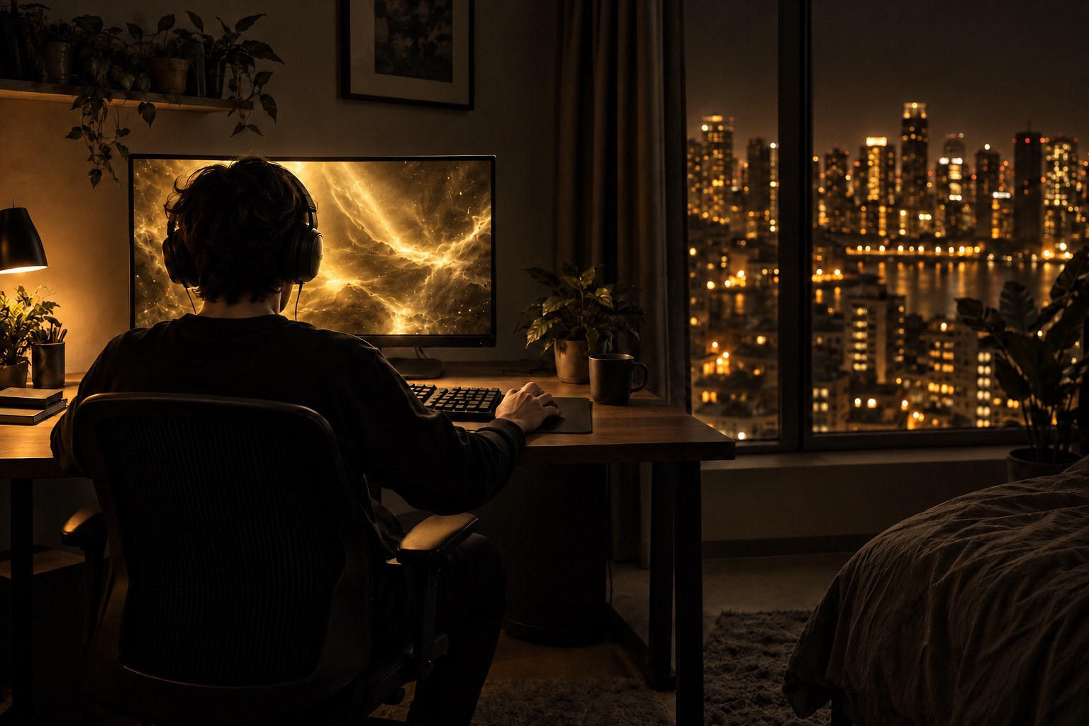 海外公寓的深夜，一位戴耳机的玩家坐在显示器前